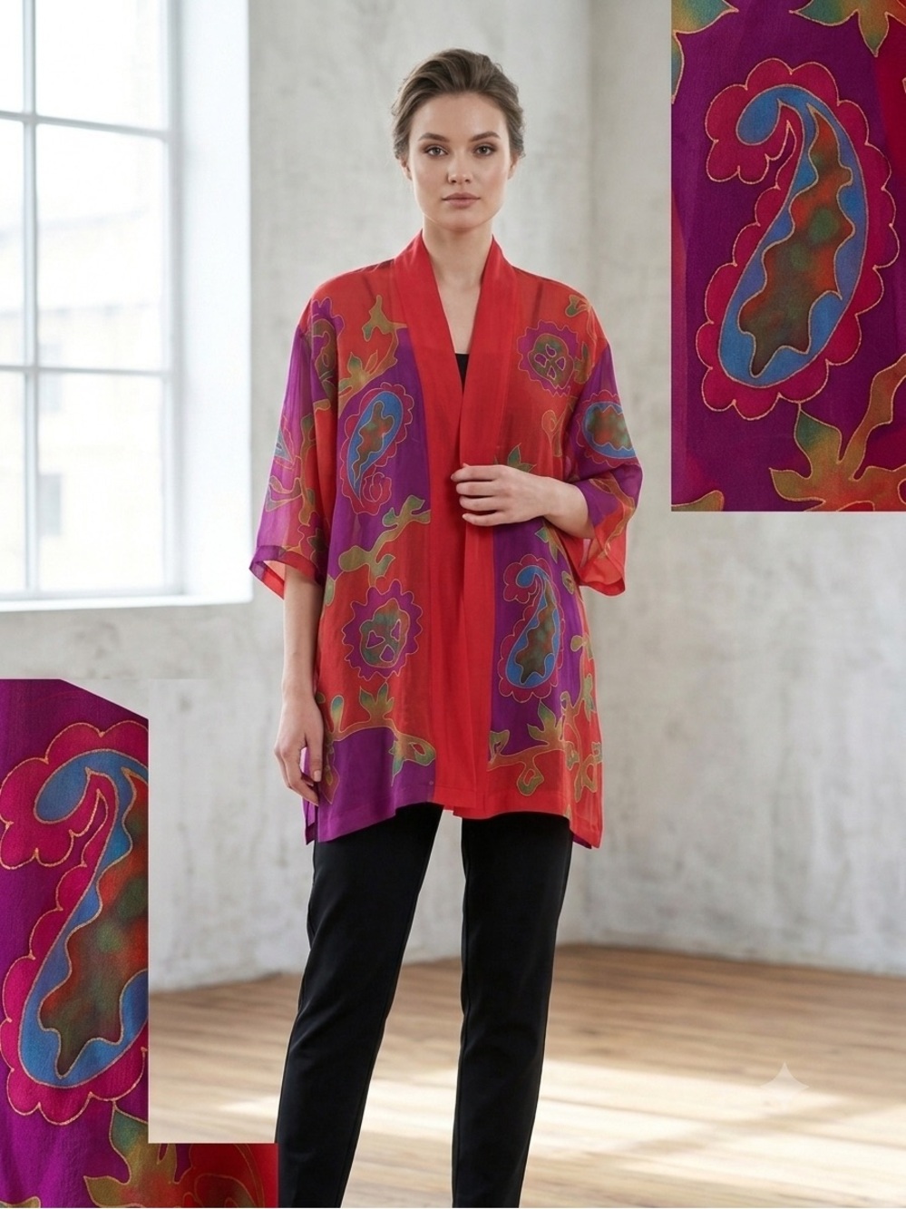 Sterling Styles 100% Silk
Hand-Painted Kimono
Jacket | Paisley Boho
Wearable Art